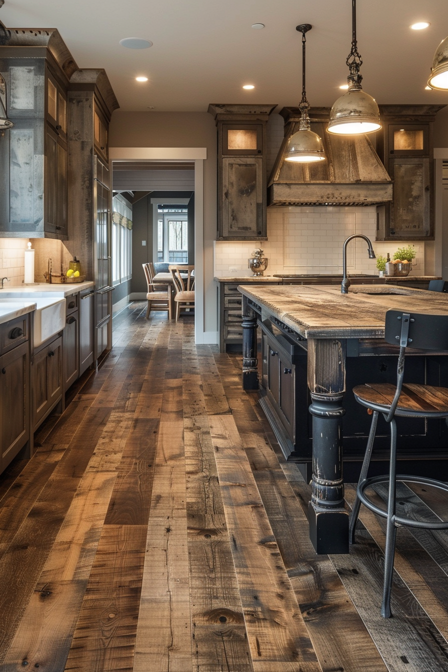 Rustic kitchen interior with distressed wood cabinets, farmhouse sink, and pendant lights over an island with seating.