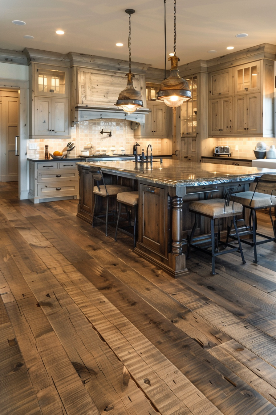 Rustic-style kitchen with distressed wood cabinets and flooring, large island with stools, and pendant lights.