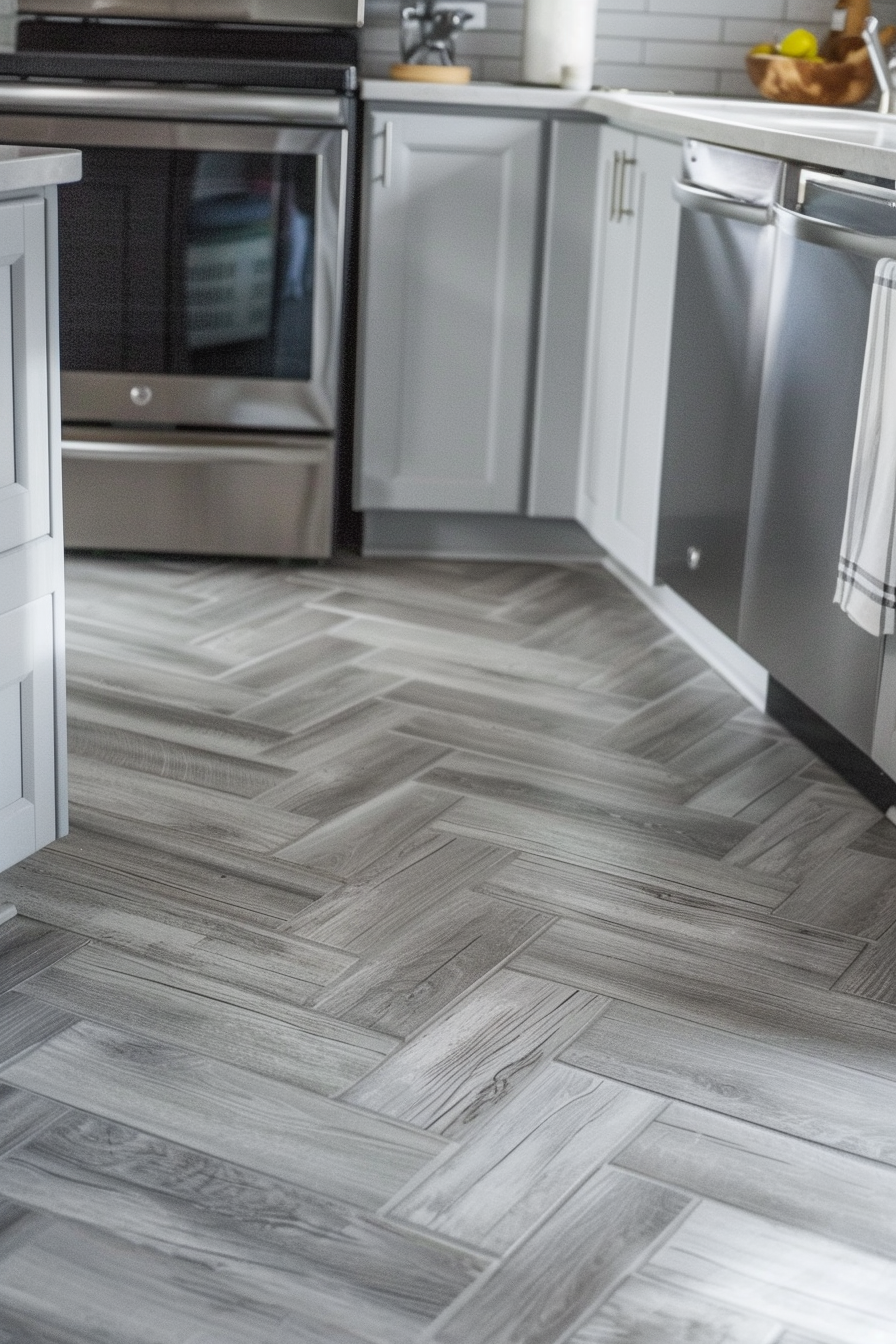 Modern kitchen interior with herringbone-patterned wooden floor and stainless steel appliances.