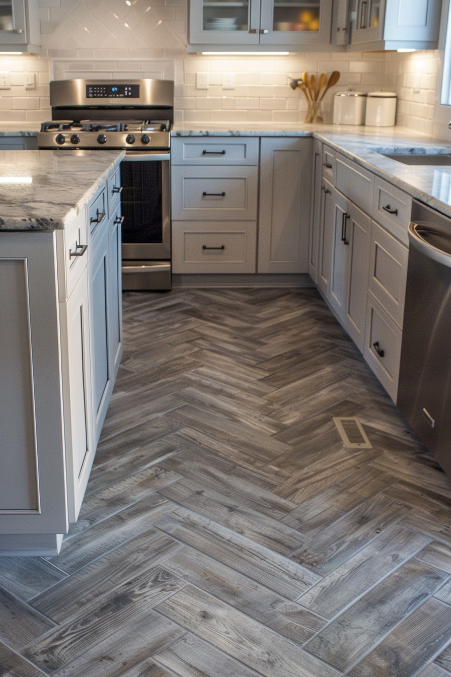 Modern kitchen with stainless steel appliances, white subway tile backsplash, and herringbone pattern wood floor.