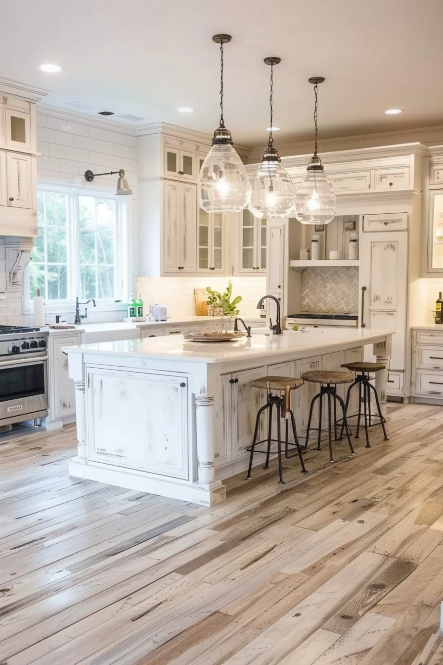 Spacious kitchen interior with white cabinets, central island with bar stools, pendant lights, and hardwood floors.