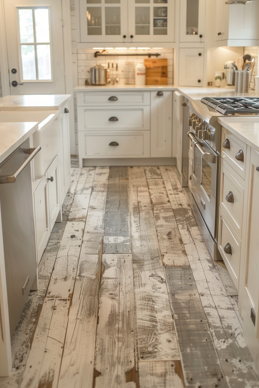 A cozy kitchen with white cabinetry, stainless steel appliances, and distressed wood flooring.