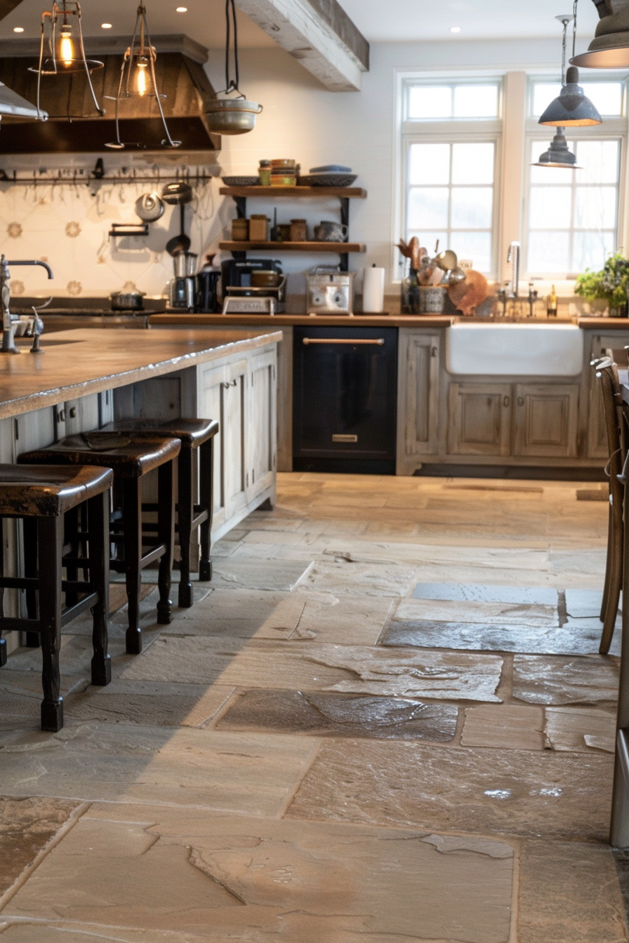 ALT: A rustic kitchen interior with stone flooring, a wooden island countertop, and pendant lighting, featuring an undermount sink and stools.