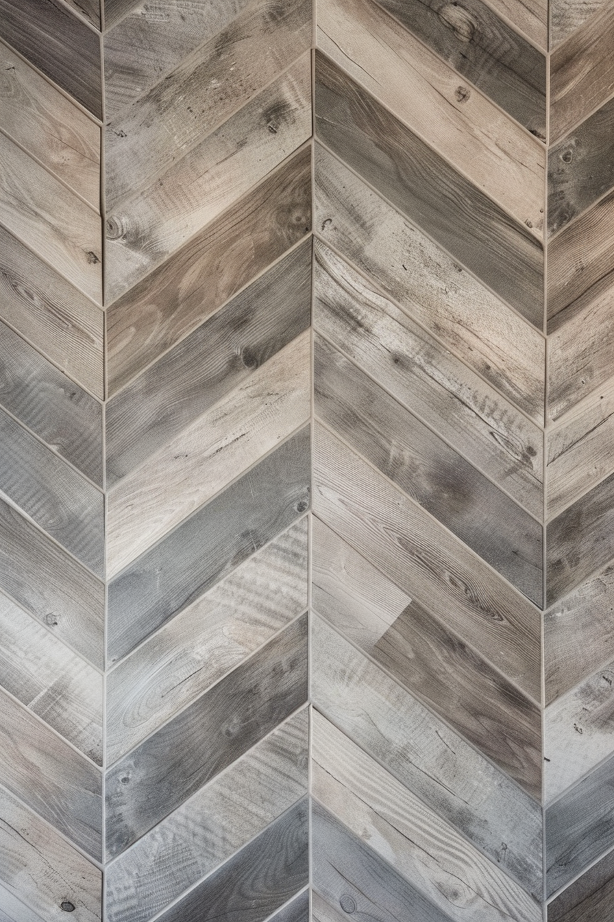 Rustic wooden herringbone pattern on a wall or floor with varying shades of gray and brown.
