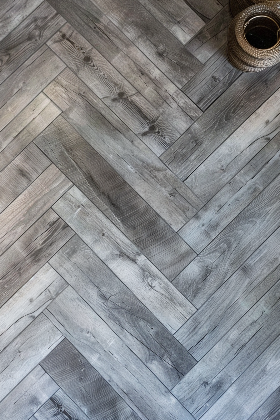 ALT: Herringbone patterned wooden flooring in shades of grey with a woven basket in the corner.