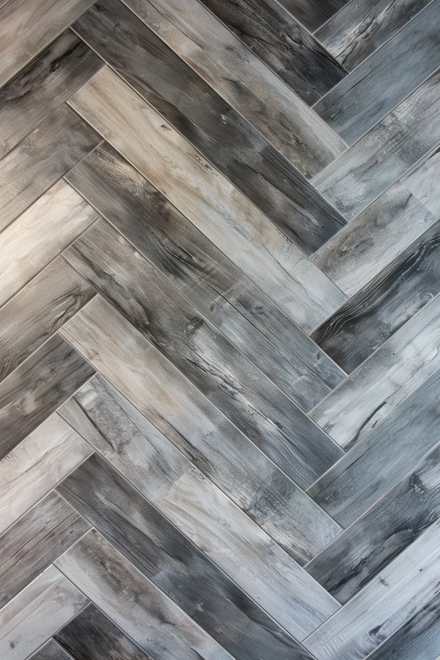 A close-up of a herringbone patterned floor with varying shades of gray planks.
