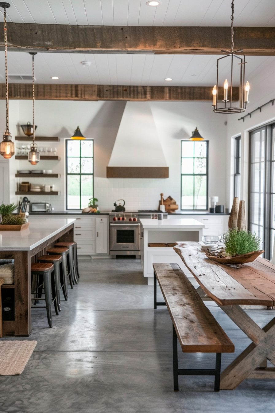 A modern rustic kitchen with a wooden dining table, island with bar stools, white cabinetry, and pendant lighting.