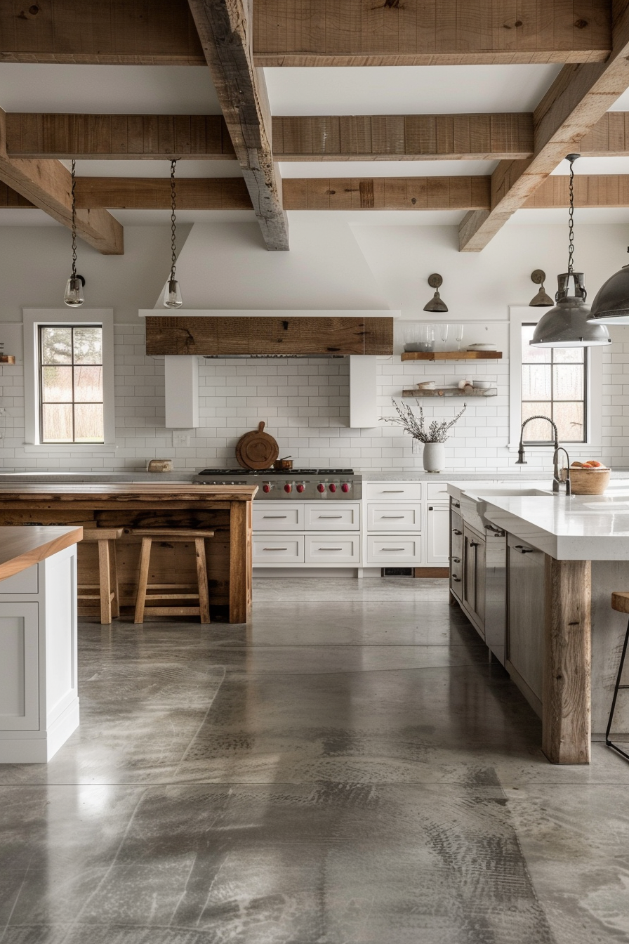 A rustic modern kitchen with exposed wooden beams, white subway tiles, and stainless steel appliances.
