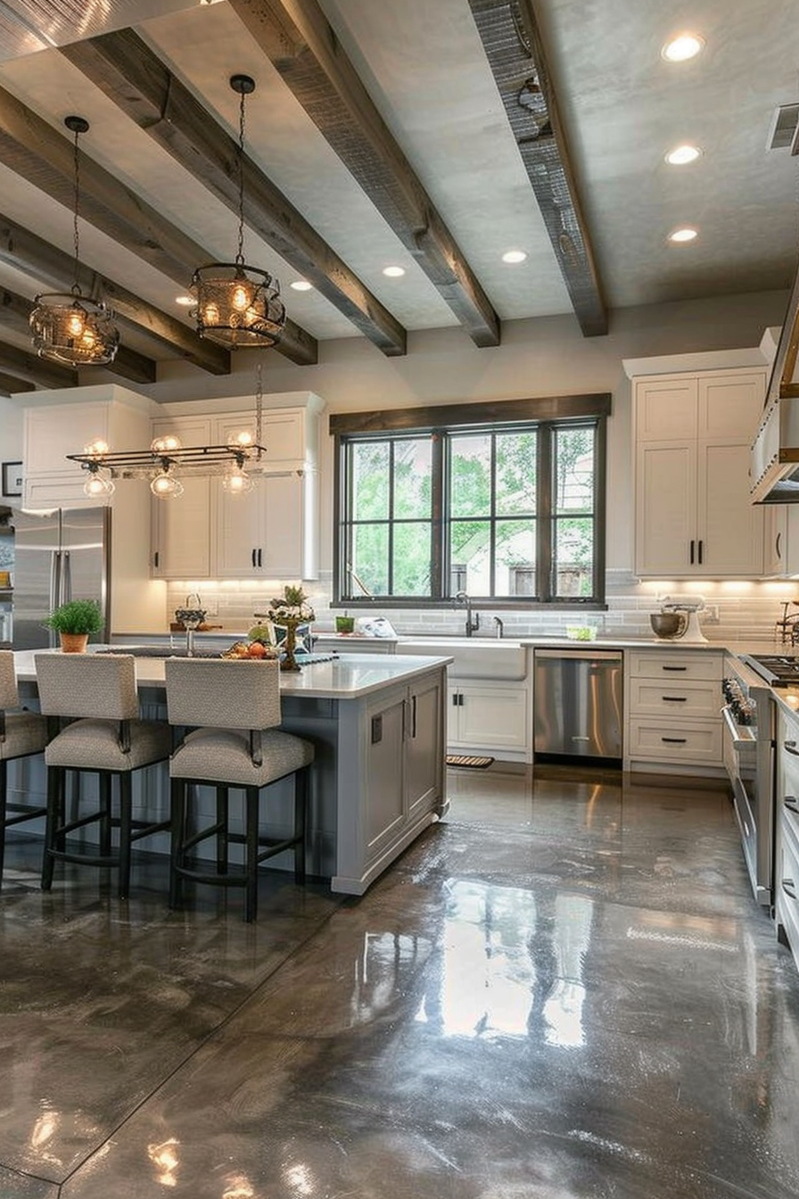 A modern kitchen with white cabinets, polished concrete floors, a central island with bar stools, and stylish hanging light fixtures.