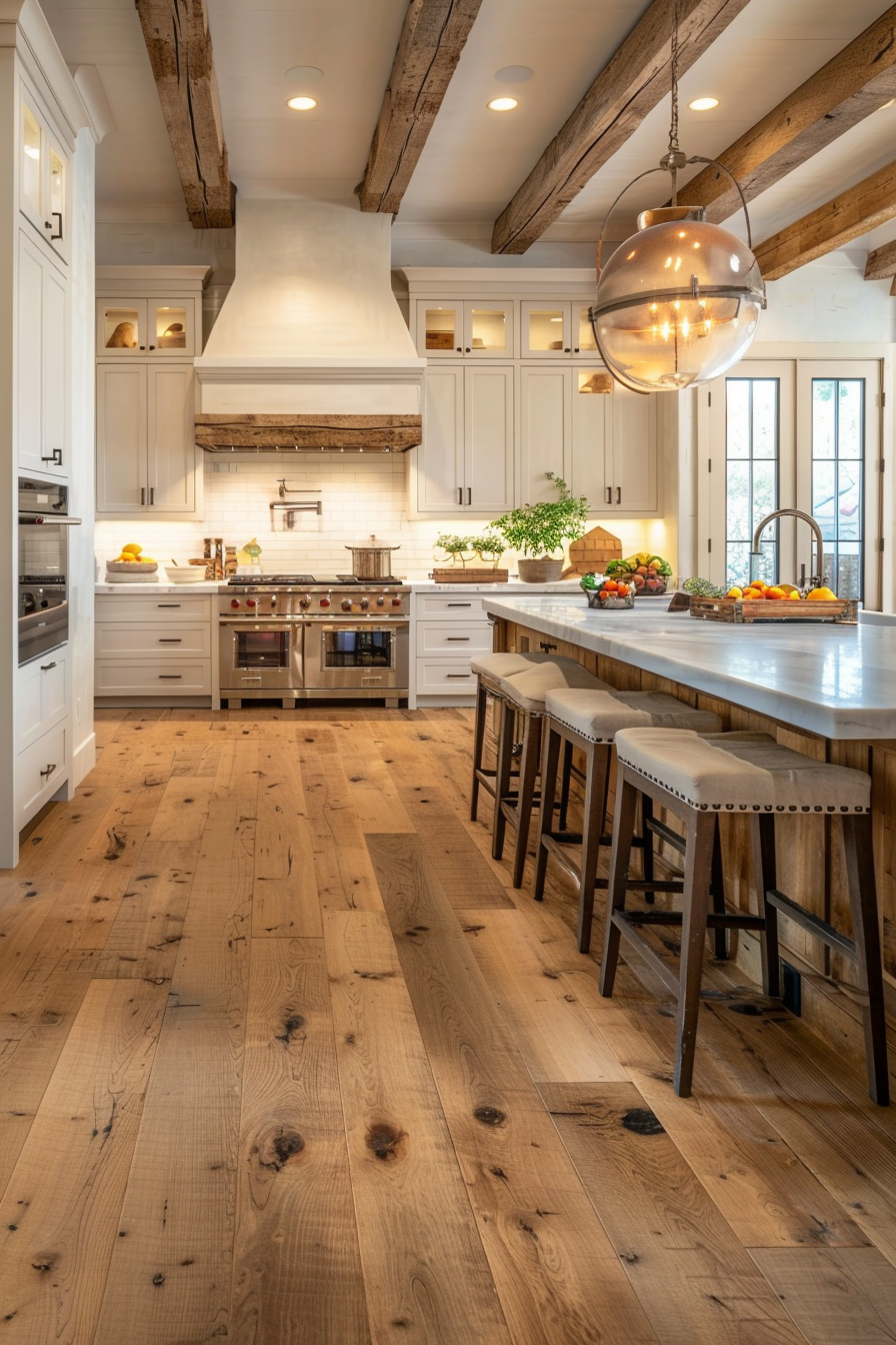 Modern white kitchen with rustic wooden beams, a large island with stools, and a pendant light over hardwood floors.