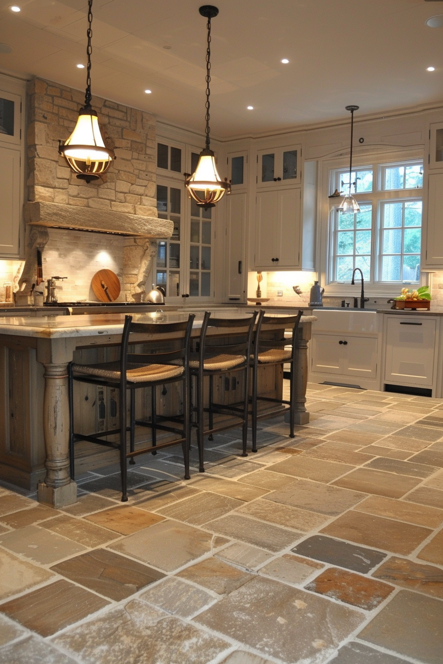 A cozy kitchen with stone flooring, white cabinetry, hanging lights, and a central island with bar stools.