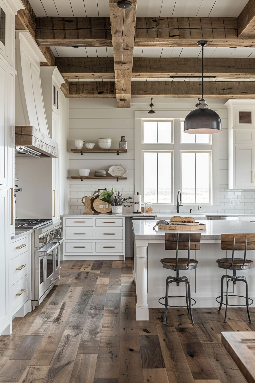 Rustic-style kitchen with white cabinetry, subway tile backsplash, wooden beams on the ceiling, and dark hardwood floors.