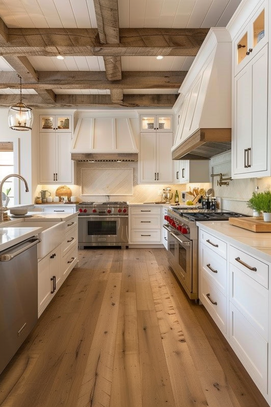 Elegant kitchen interior with white cabinetry, stainless steel appliances, exposed wooden beams, and hardwood floors.