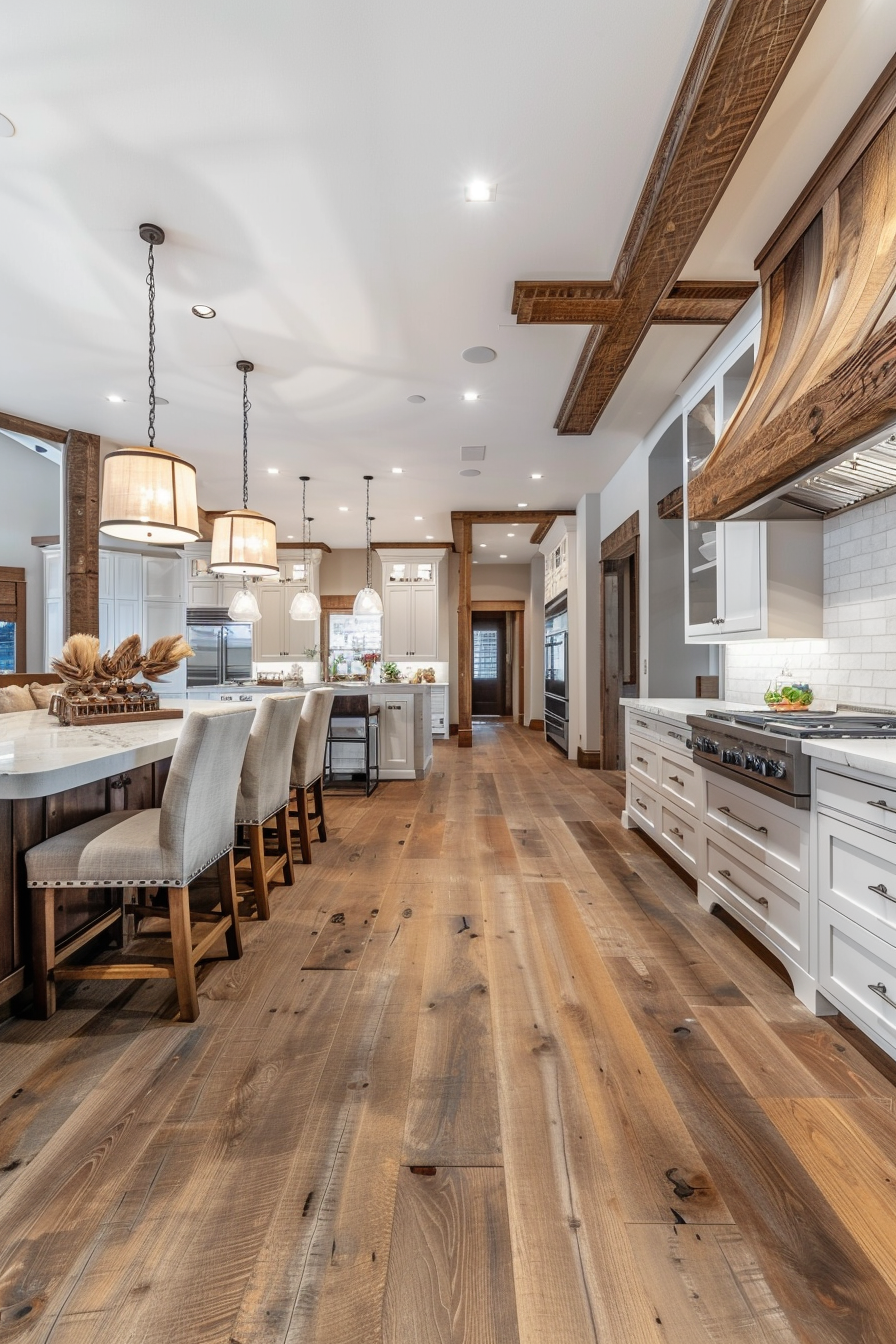 Elegant kitchen interior with a long island, pendant lights, wooden beams, and hardwood floors.