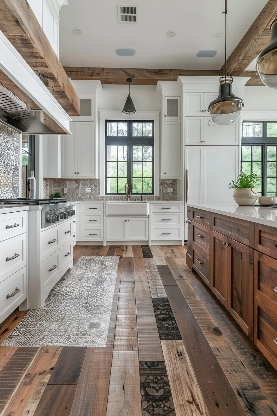 Elegant kitchen interior with white cabinets, dark wood island, patterned backsplash, and mixed wood flooring.