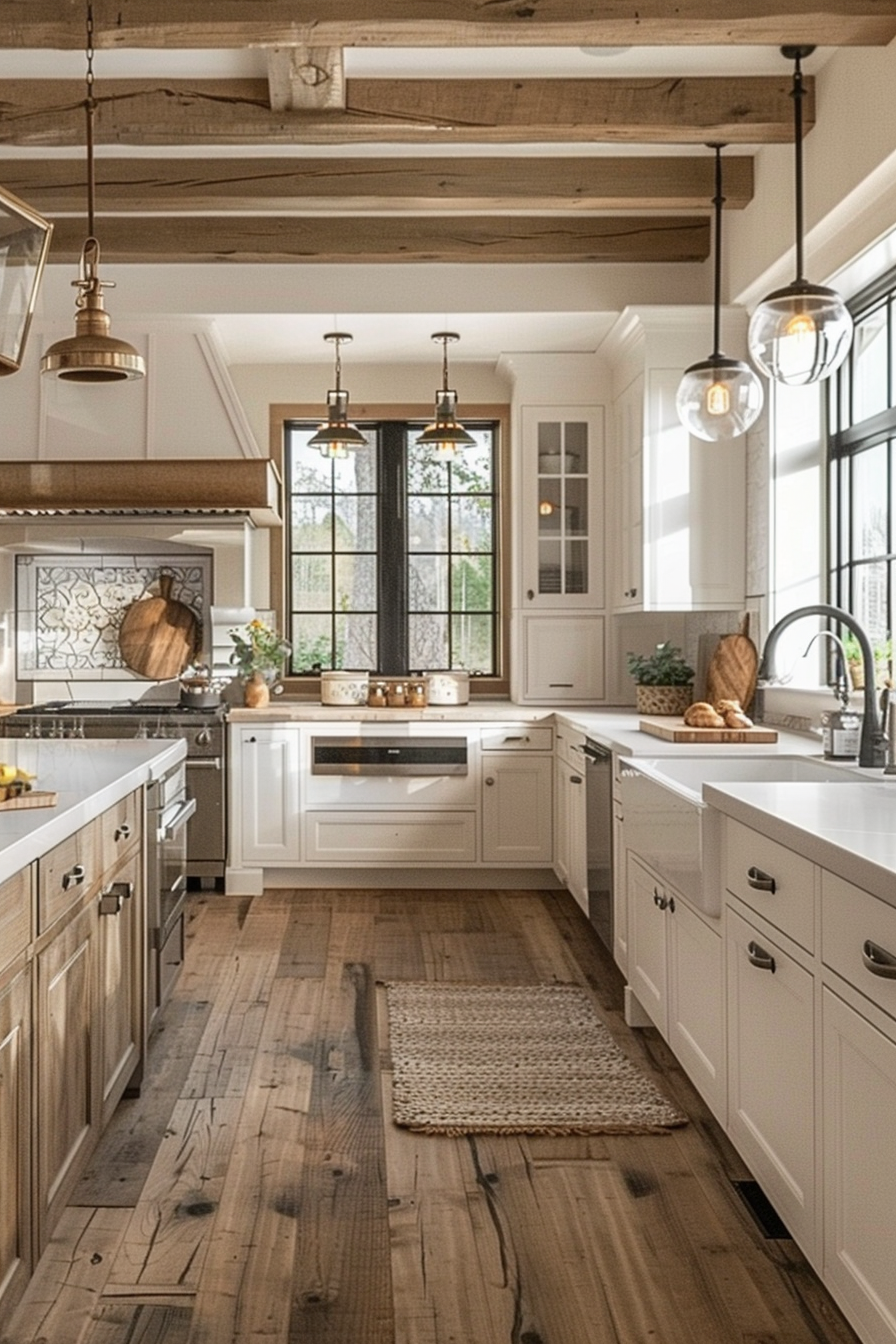 Modern kitchen interior with white cabinetry, wooden beams, pendant lights, and hardwood floors.