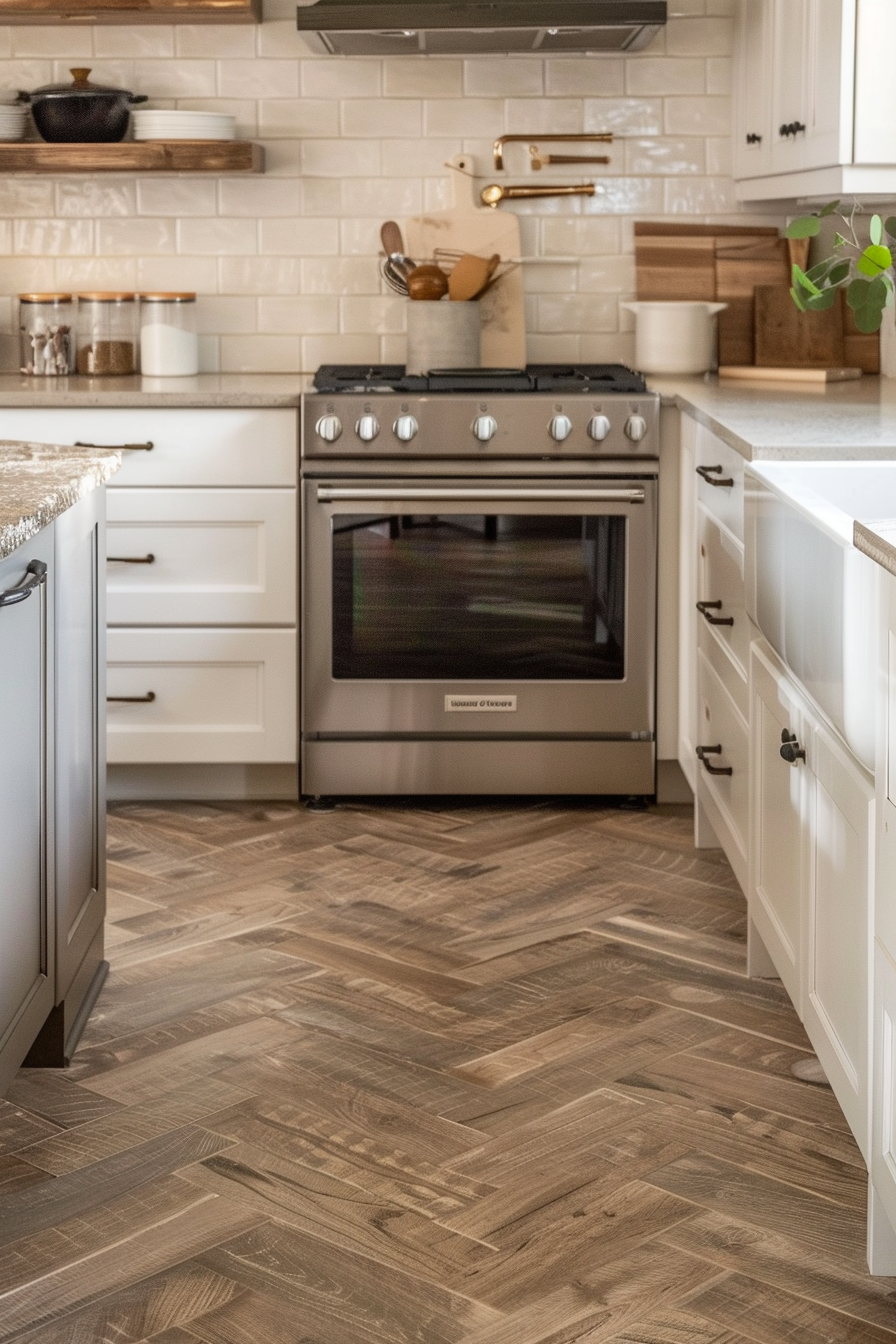 Modern kitchen with herringbone wooden floor, white cabinetry, and stainless-steel oven with subway tile backsplash.
