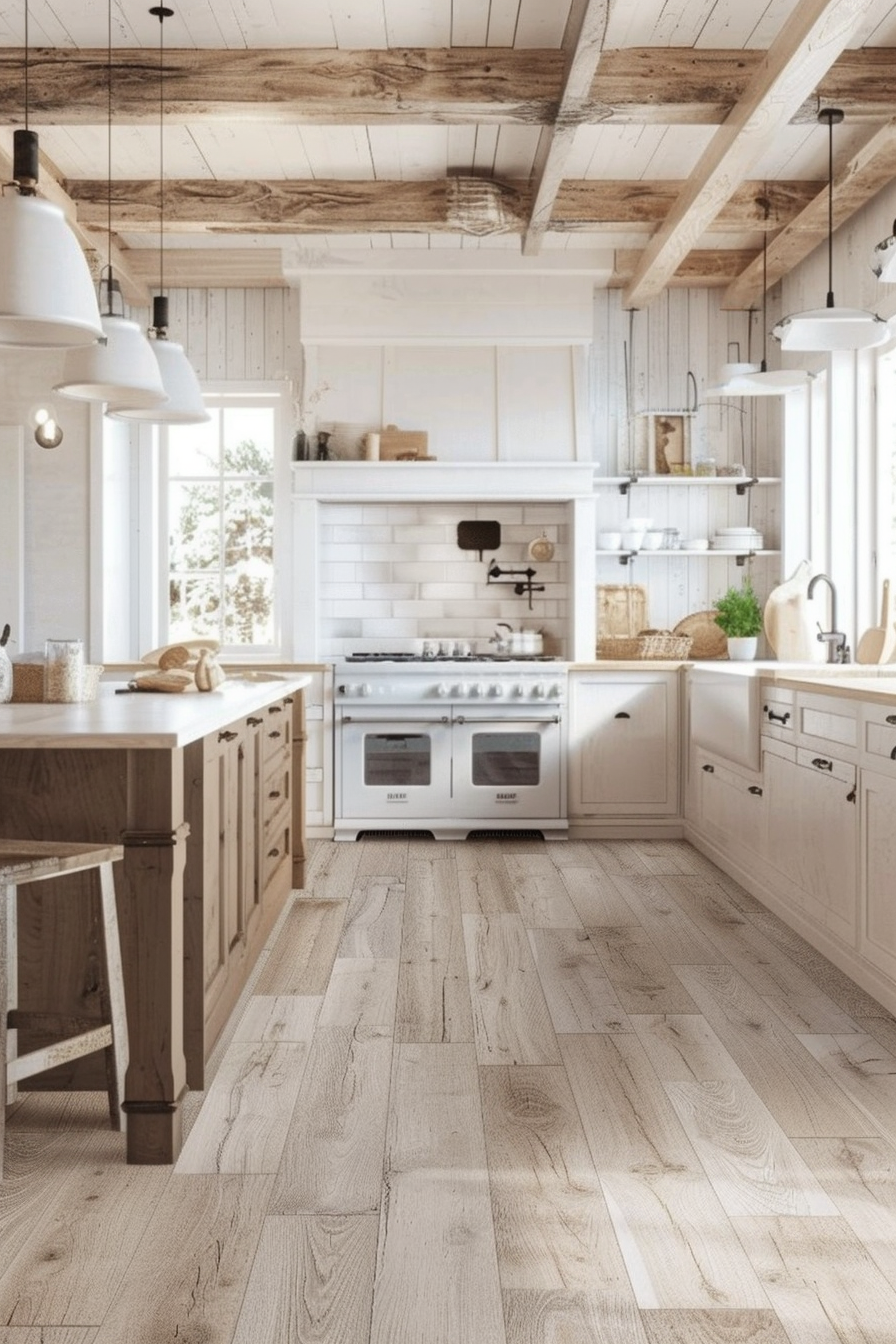 Rustic-style kitchen interior with white cabinetry, exposed wooden beams, and a herringbone pattern wood floor.