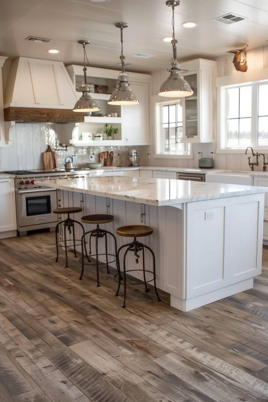 Modern kitchen interior with white cabinets, marble countertops, and rustic wood flooring, featuring an island with bar stools and pendant lights.