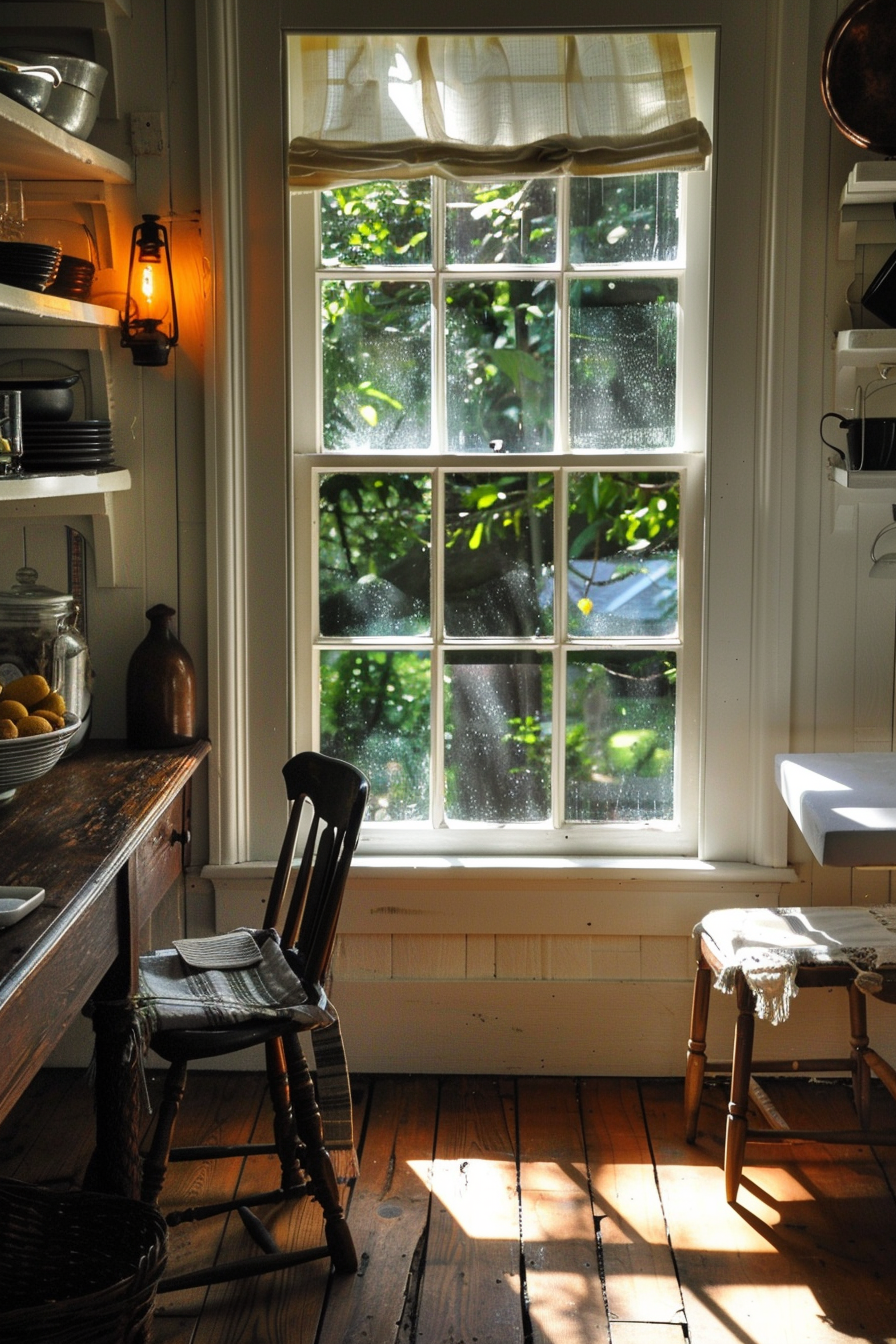 ALT: A cozy kitchen corner with sunlight streaming through a window, a wooden chair in the foreground, and rustic decor on the shelves.