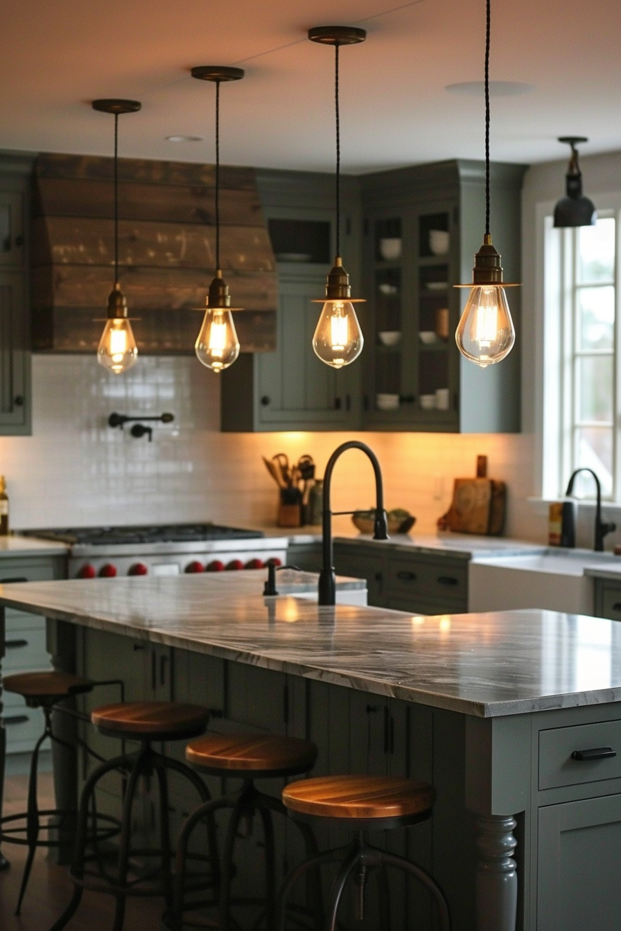 Modern kitchen interior with a marble island, wooden stools, and pendant lights.