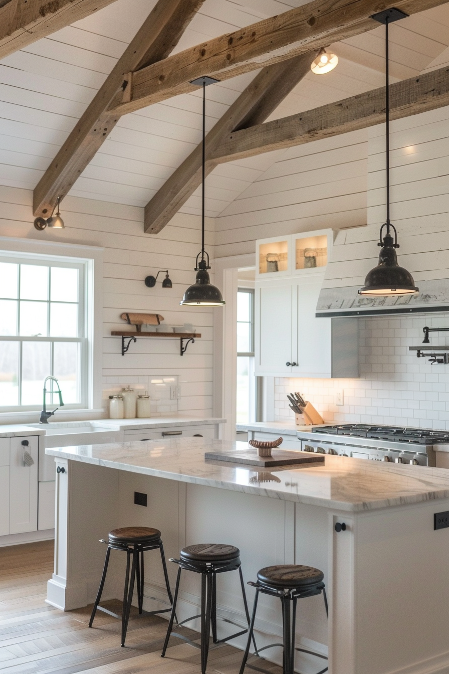 Rustic modern kitchen interior with white cabinetry, marble countertops, exposed wooden beams, and industrial-style pendant lights.