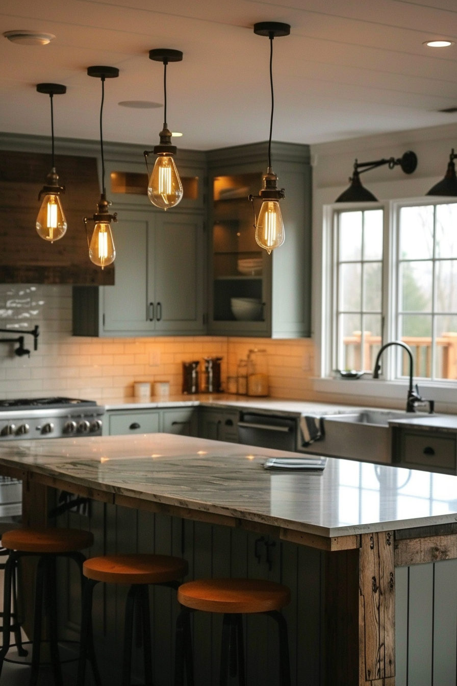 Modern kitchen with hanging Edison bulb lights, marble countertop island, and wooden stools.