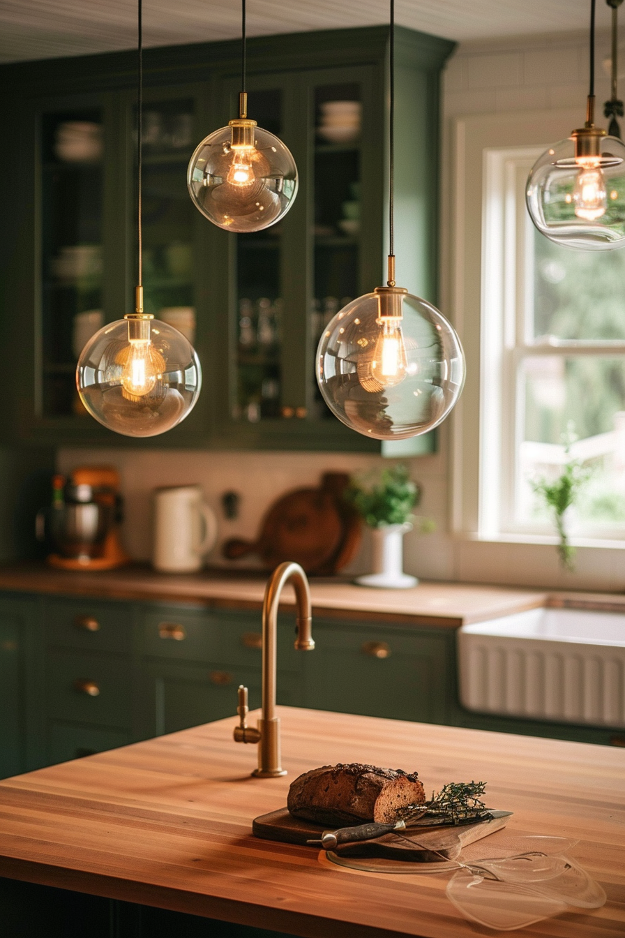 A cozy kitchen interior with round, hanging pendant lights, green cabinets, a wooden countertop, and a loaf of bread on a cutting board.