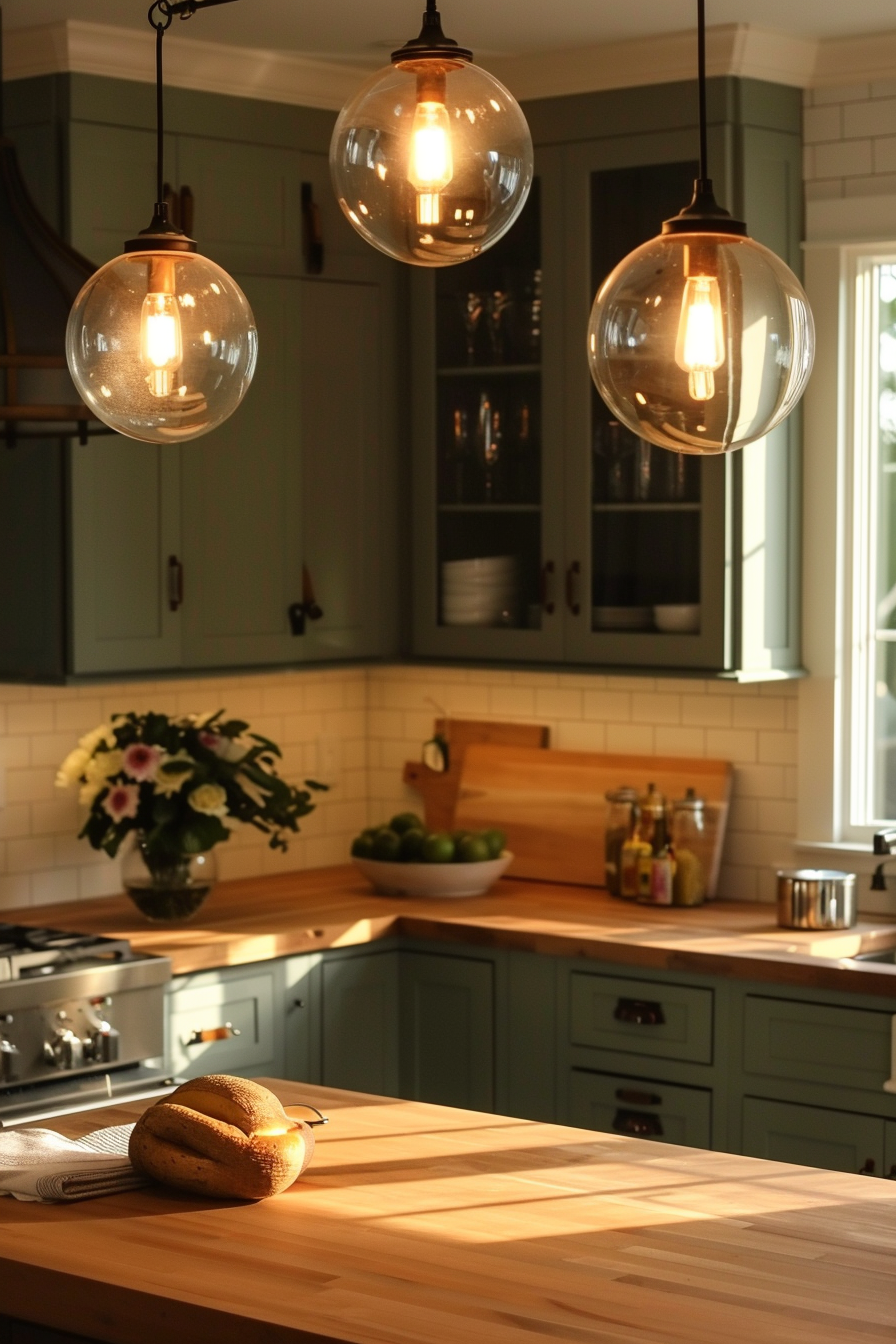 A cozy kitchen interior with warm lighting featuring clear glass pendant lights, green cabinetry, a wooden countertop, and a bouquet of flowers.
