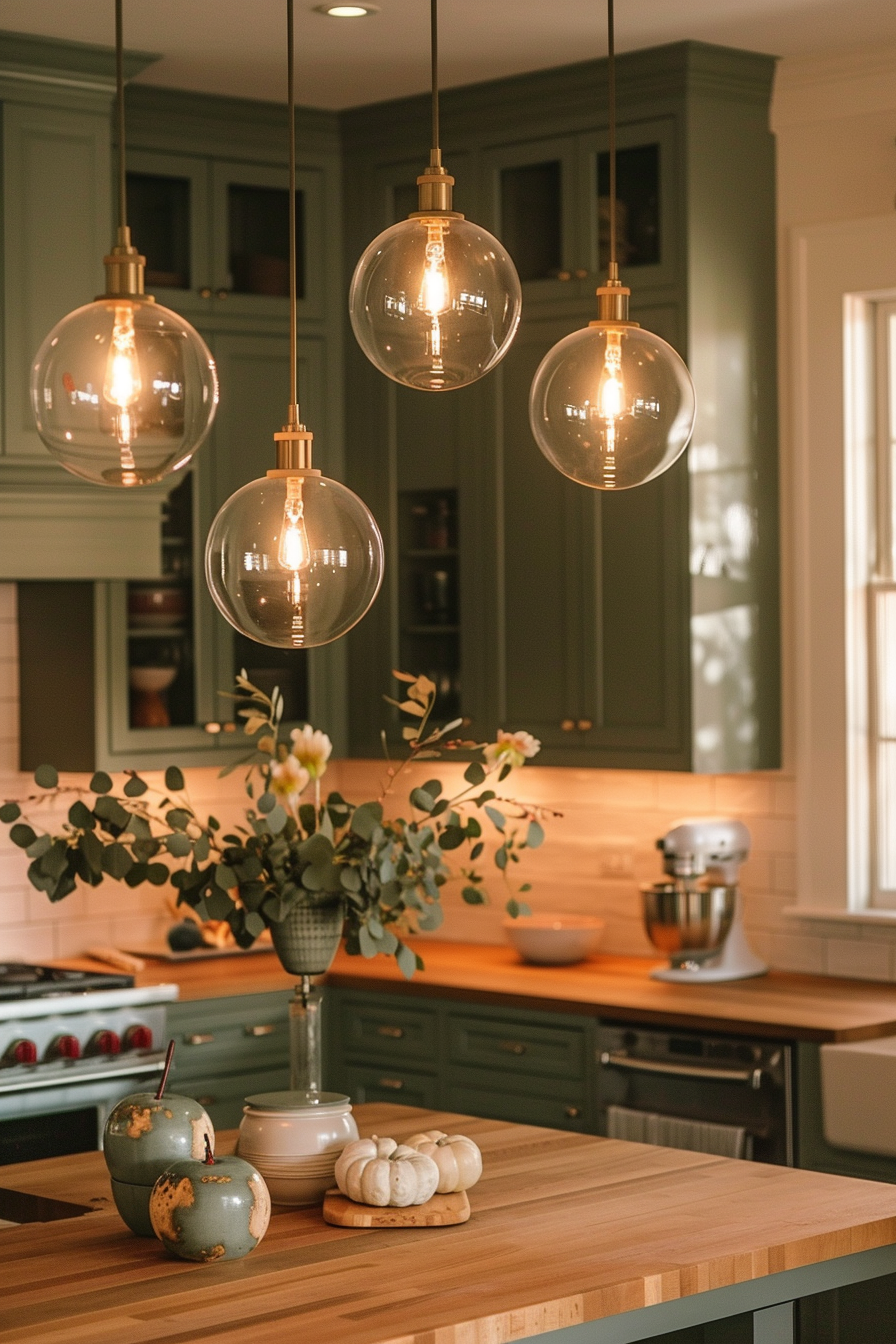 Elegant kitchen interior with large spherical pendant lights, a wooden countertop, modern appliances, and decorative flowers.