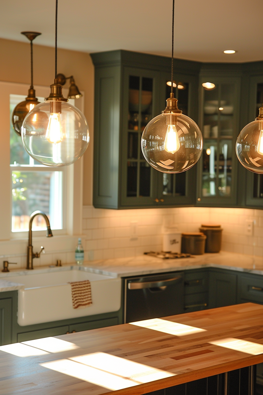 A modern kitchen interior with large glass pendant lights, olive green cabinetry, subway tile backsplash, and a farmhouse sink.