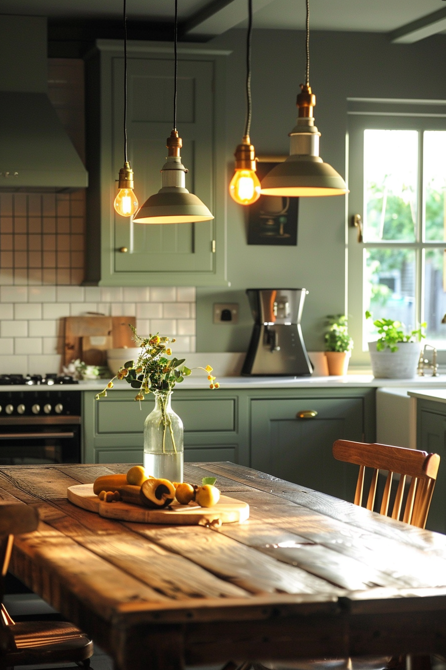 Cozy kitchen interior with wooden table set, pendant lights, a vase with flowers, and a fruit platter in warm lighting.