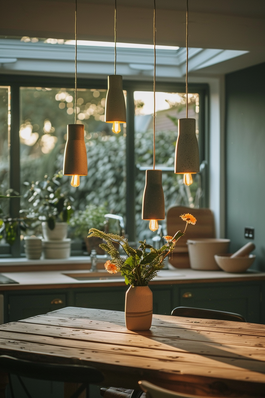 Cozy kitchen interior with warm light, hanging pendant lamps, and a wooden table with a vase of flowers.