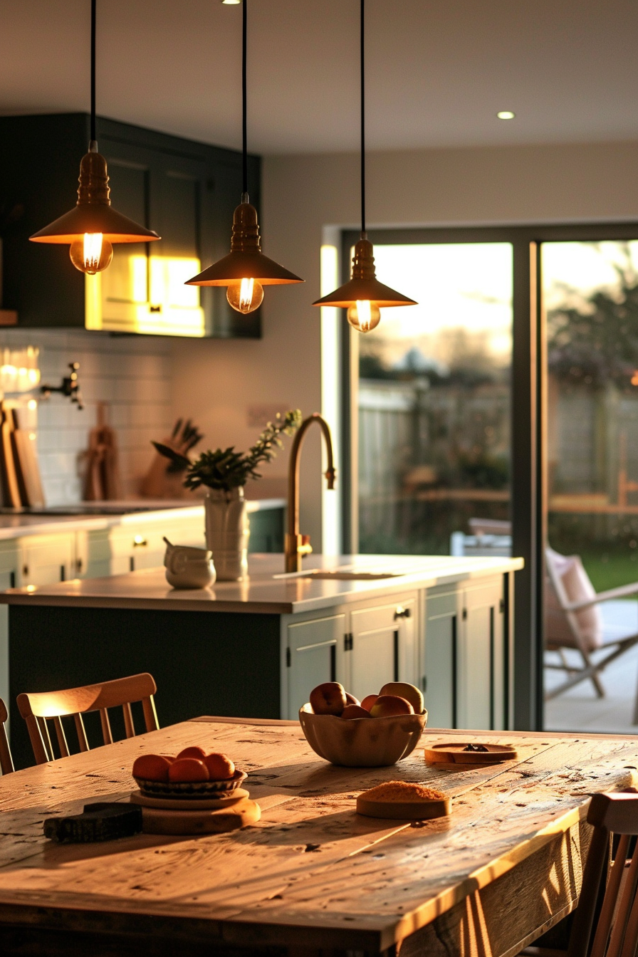 Warmly lit kitchen interior with pendant lights above an island and a rustic wooden table with fruit and bread.