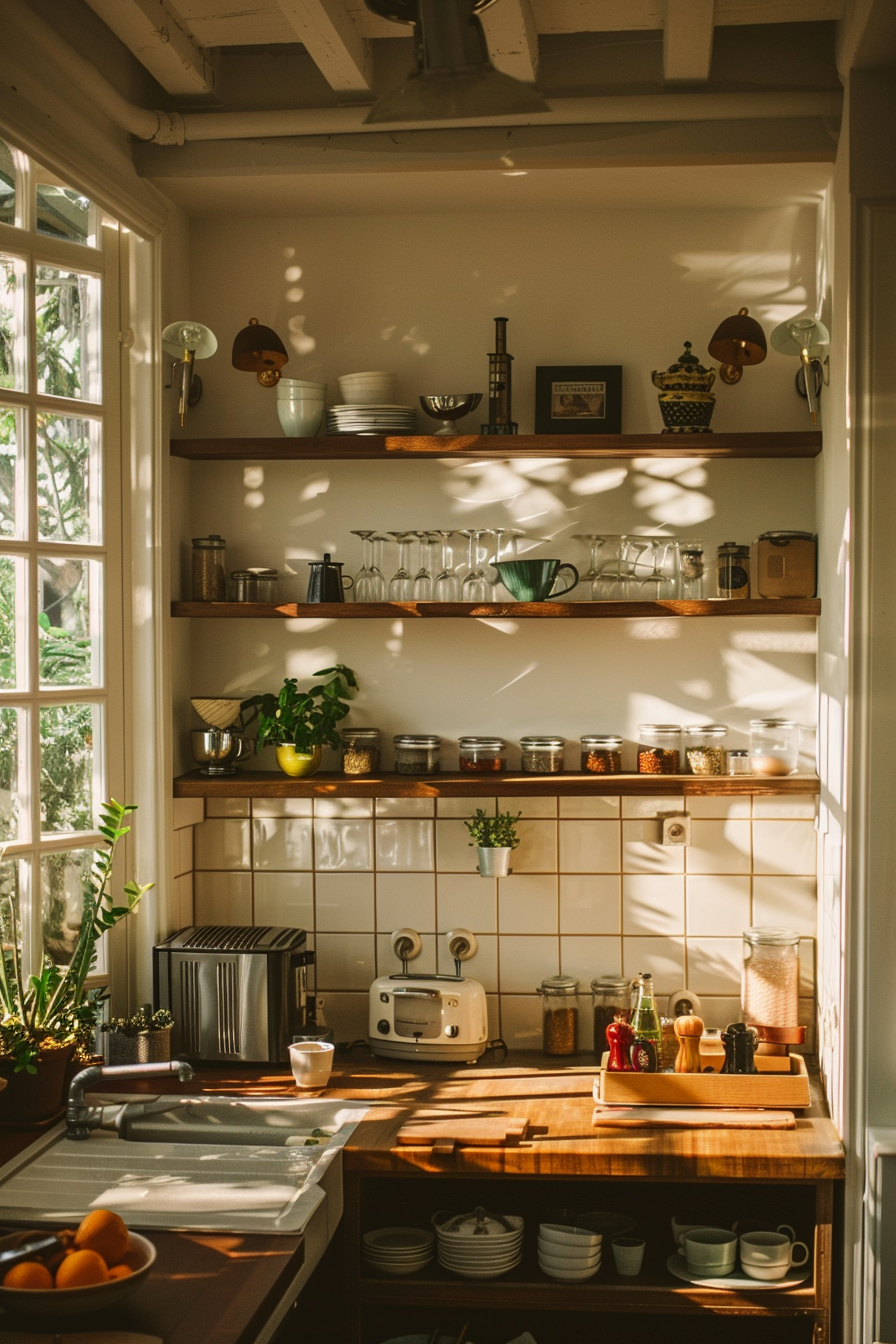 Sunlit cozy kitchen interior with wooden countertops, shelves with dishes, plants, and a window.