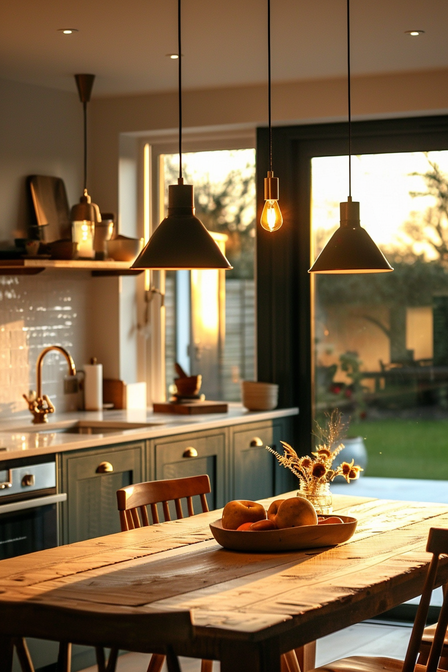 A cozy kitchen interior at sunset with warm lighting, pendant lamps above a wooden table set with a bowl of fruit.