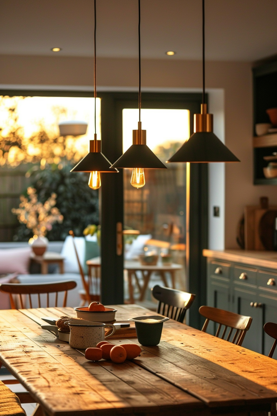 Cozy kitchen interior with a rustic wooden table, modern hanging lights, and a serene sunset view through the window.