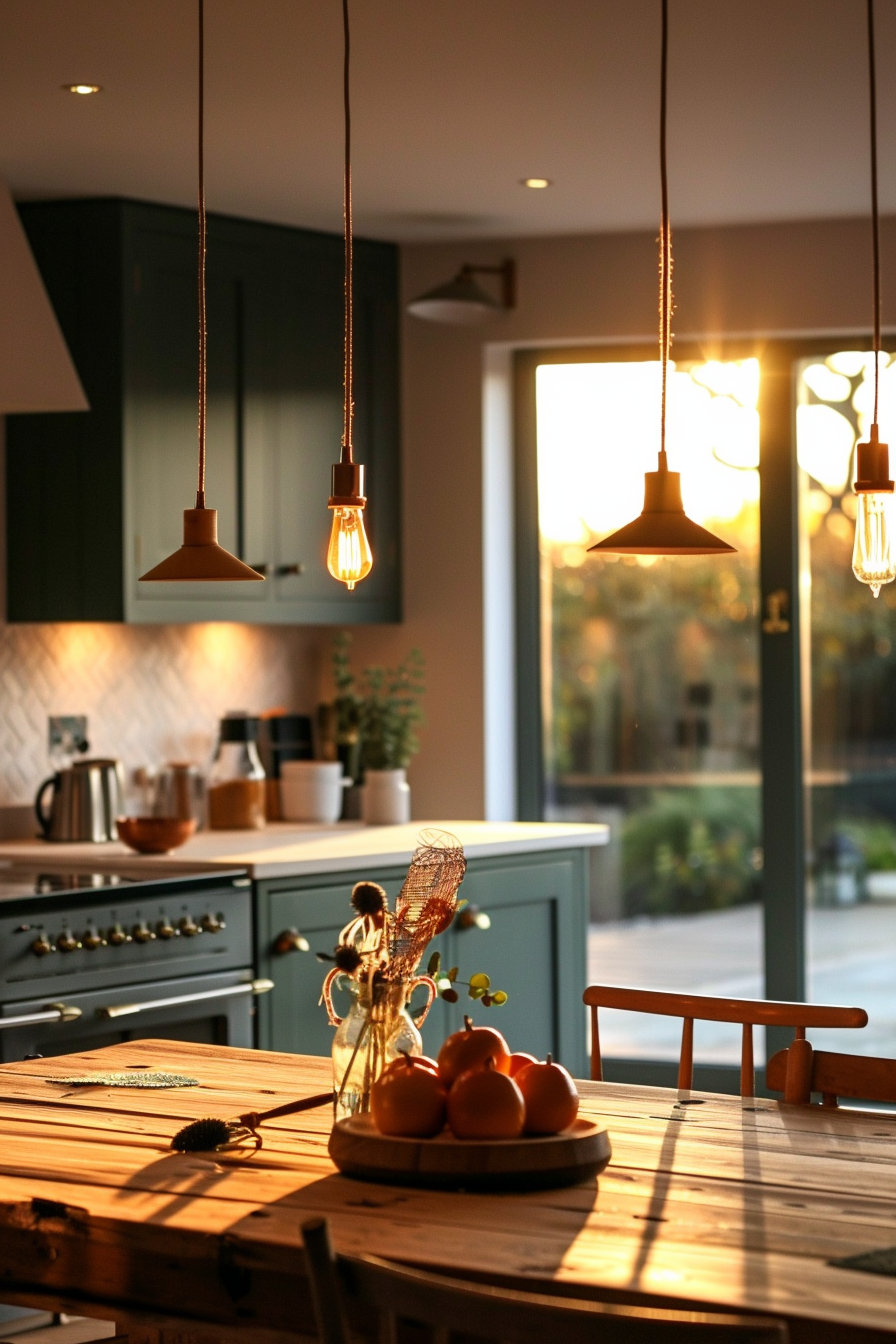 A modern kitchen interior during sunset with warm lighting, featuring hanging Edison bulbs, a wooden table, and oranges on a plate.