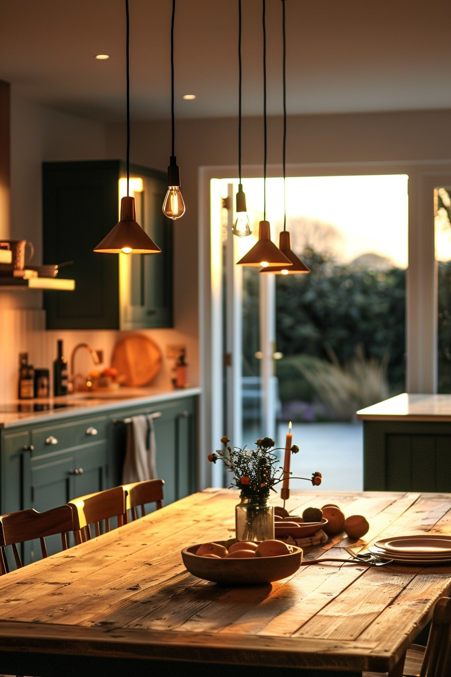 A cozy kitchen interior at dusk with pendant lights hanging above a wooden table set with a bowl of fruit and a floral centerpiece.
