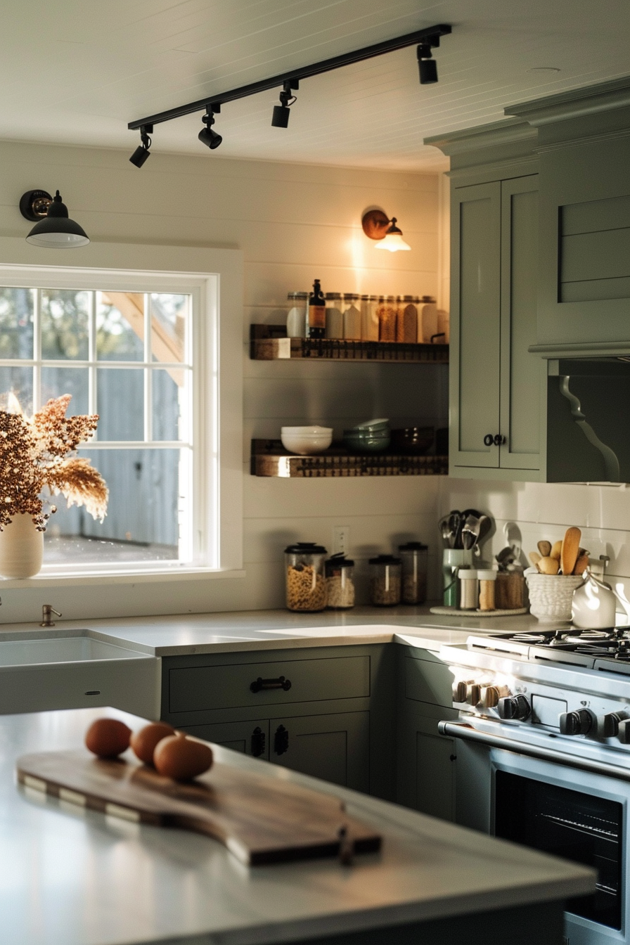 Cozy kitchen interior with warm natural lighting, wooden shelves, modern appliances, and a vase of dried flowers on the counter.