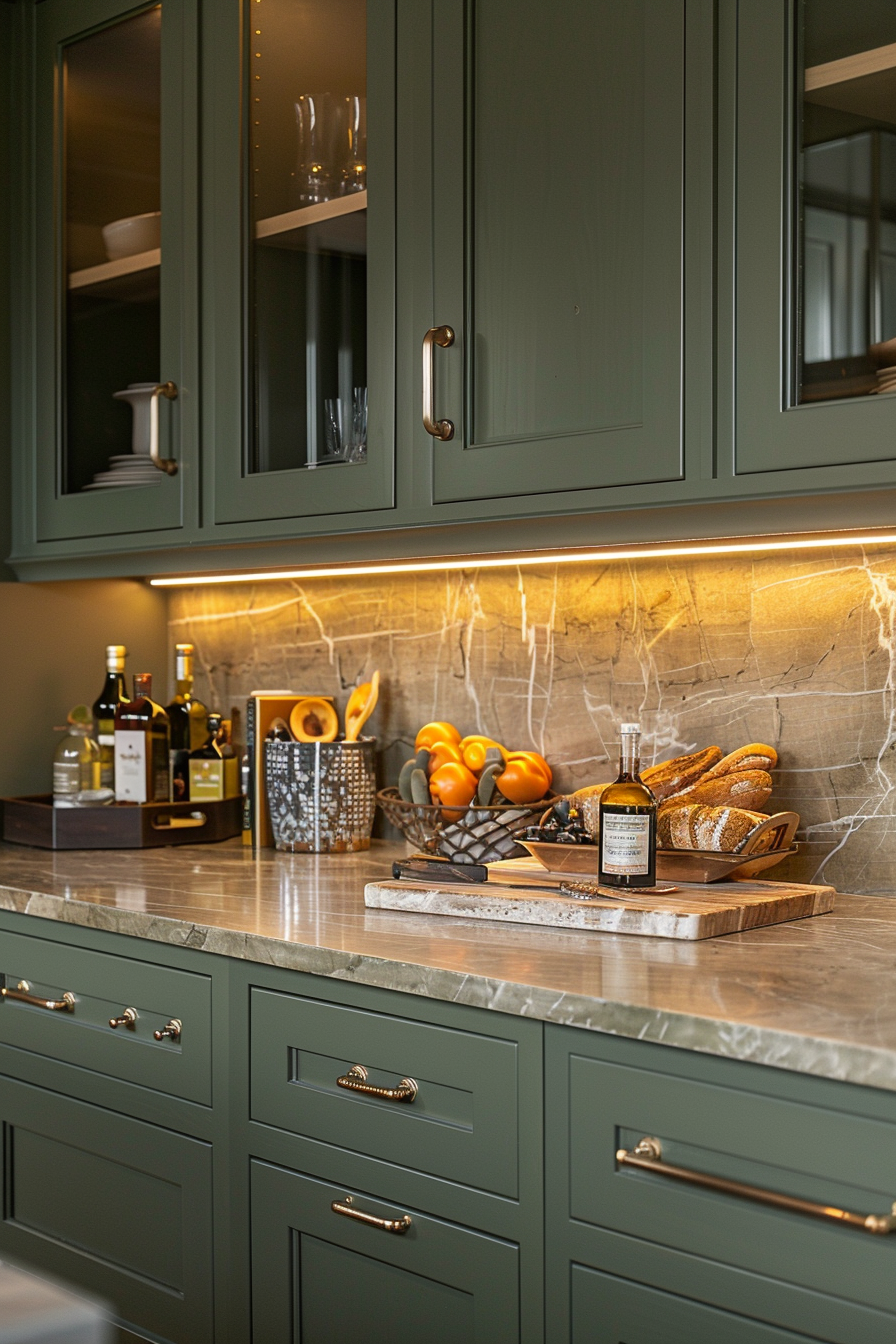 Elegant kitchen corner with green cabinets, marble countertop, and under-cabinet lighting, showcasing bread, fruit, and wine.