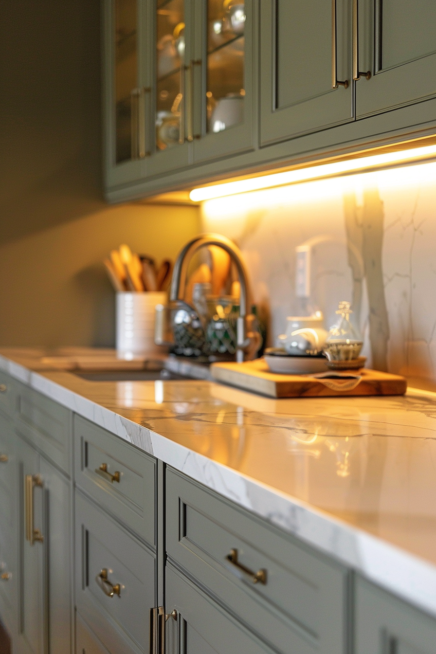 Elegant kitchen interior with light green cabinets, marble countertops, and warm under-cabinet lighting.