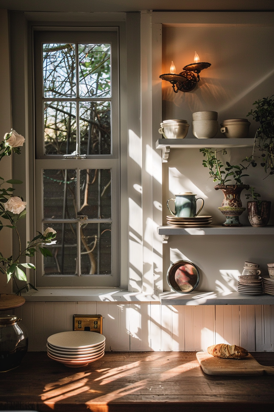 Cozy kitchen corner with sunlight casting shadows, open window, shelf with pottery, and bread on a cutting board.