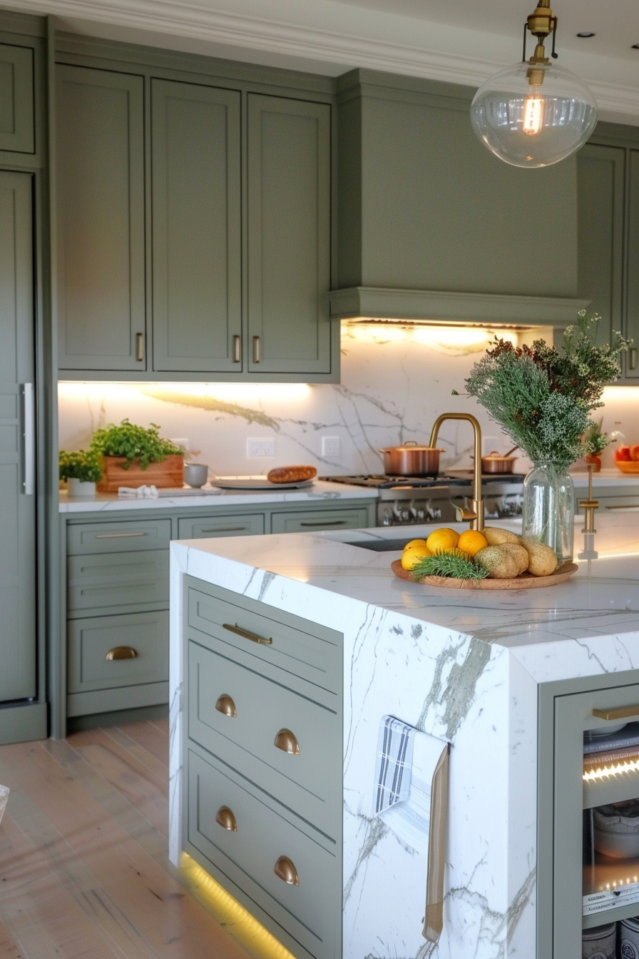 Modern kitchen interior with green cabinetry, marble countertops, and gold accents. A vase with greenery and a bowl of lemons are on the island.