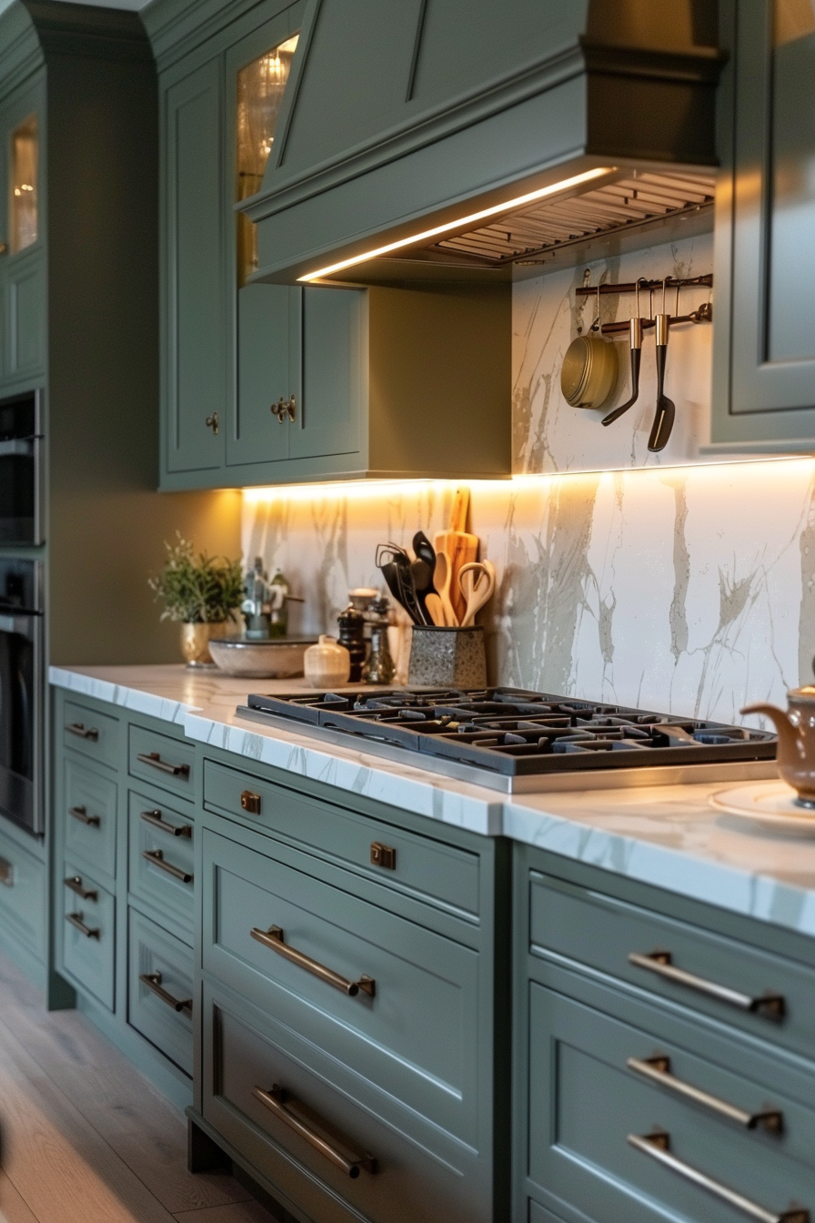 Elegant kitchen interior with green cabinetry, marble countertops, and warm under-cabinet lighting.