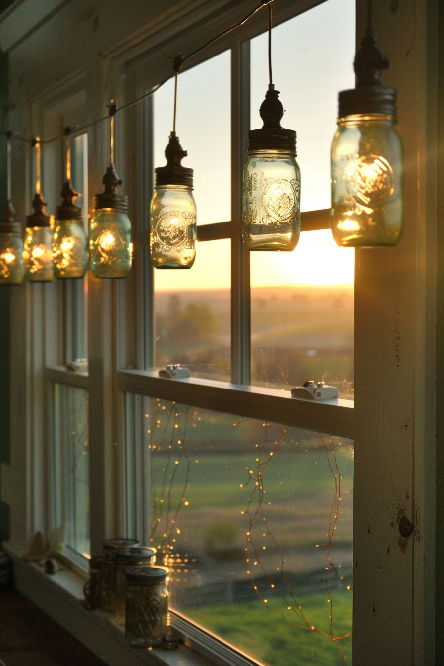 Mason jar lights hang by a window at sunset, with warm light casting a cozy glow and fairy lights scattered on the windowsill.