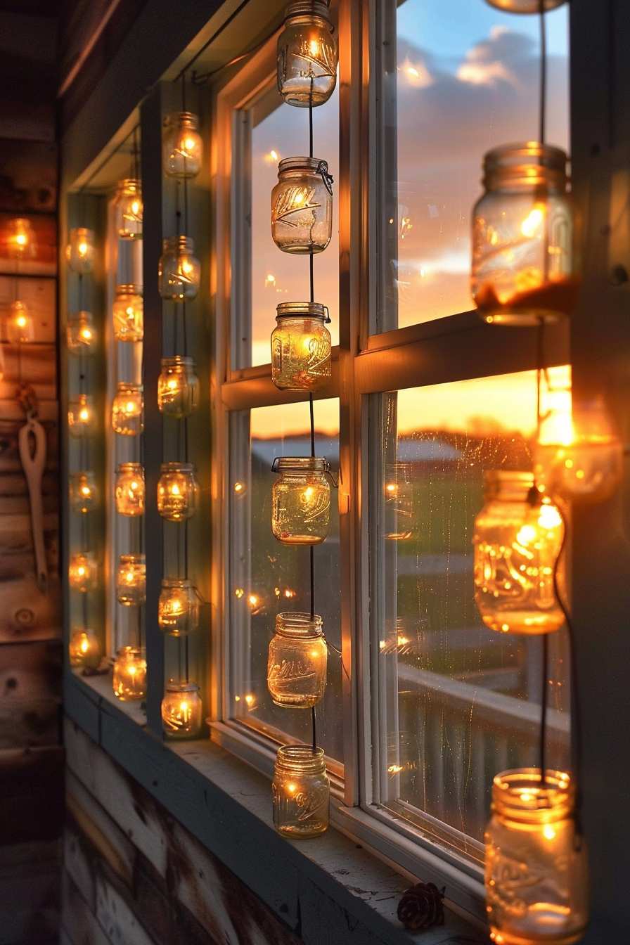 String lights in mason jars hanging by a window against a sunset backdrop, creating a cozy and warm ambiance.