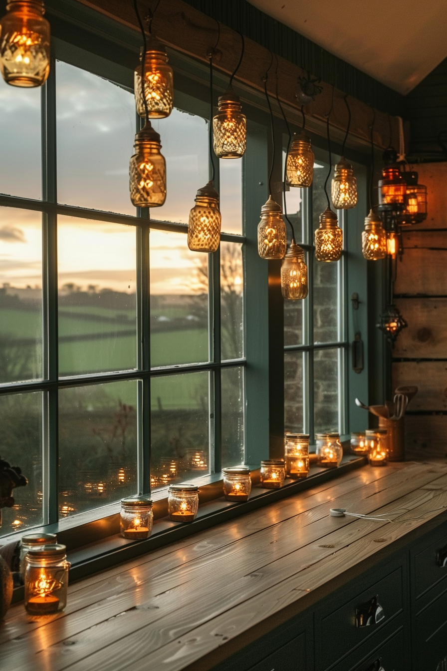 Rustic kitchen interior with mason jar lights hung above windows overlooking a sunset-lit countryside.