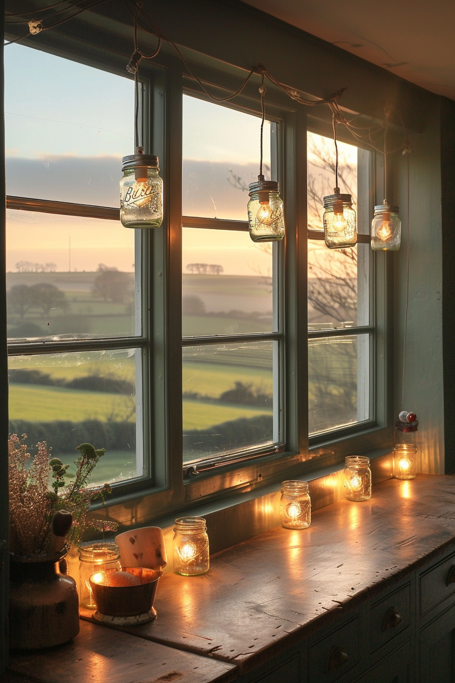 Rustic interior with mason jar lights hanging by a window at dusk, overlooking a serene landscape.