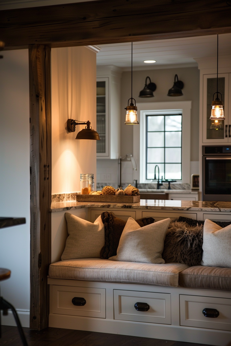 ALT: Cozy interior corner with built-in bench seating, plush pillows, warm lighting, and a glimpse of a kitchen with pendant lights.
